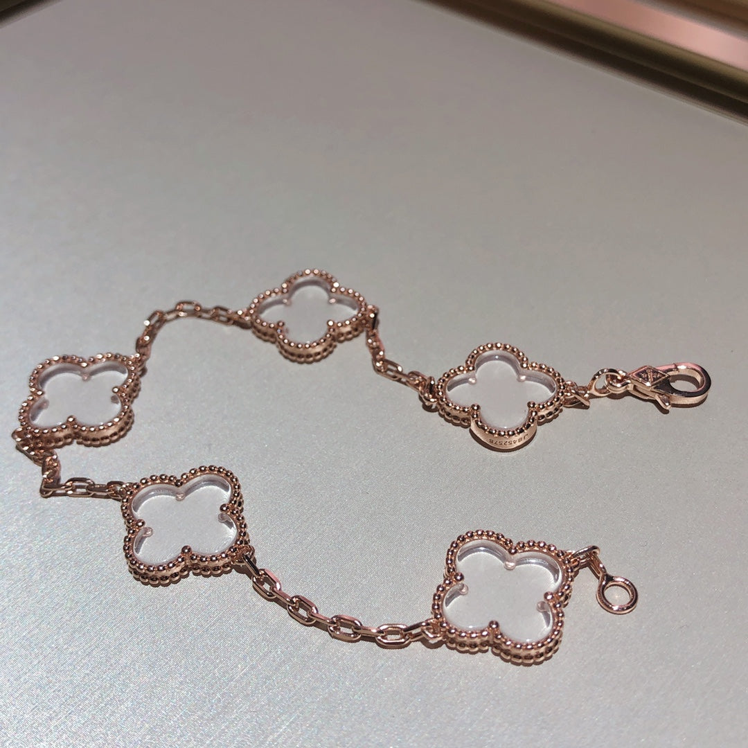 [Eternal Jewelry]CLOVER 5 MOTIF ROCK CRYSTAL PINK GOLD BRACELET