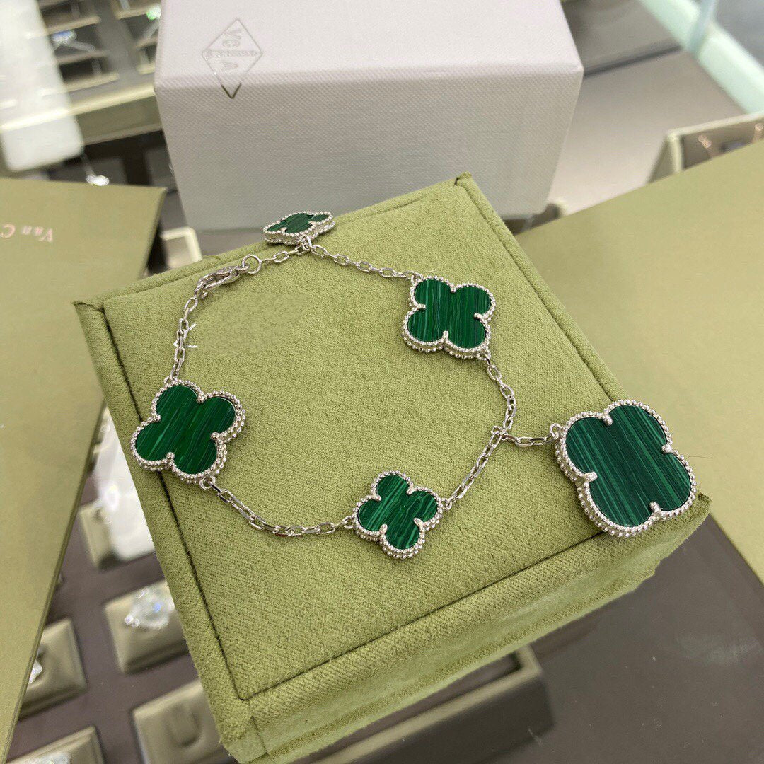 [Eternal Jewelry]CLOVER 5 MOTIFS SIVLER MALACHITE BRACELET