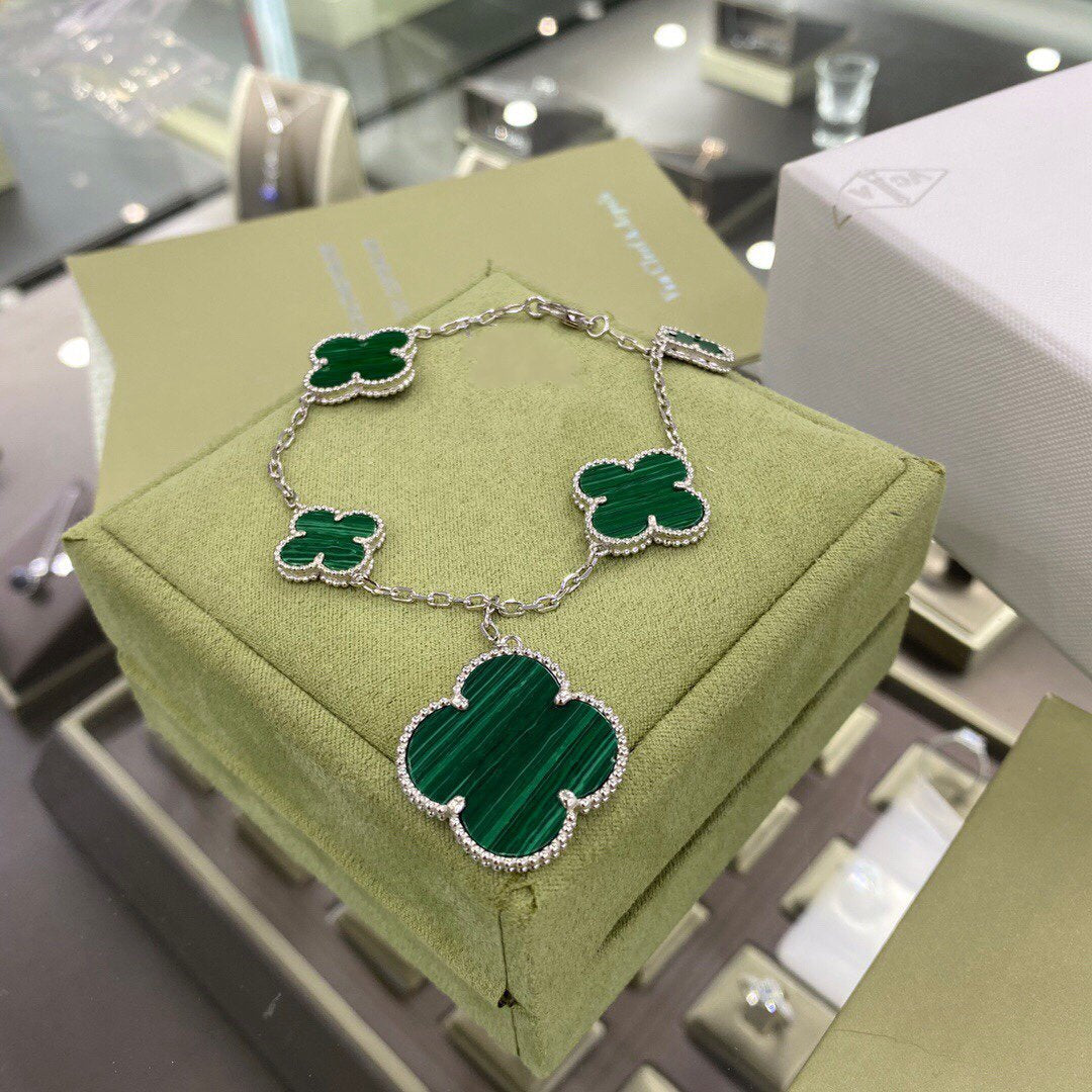 [Eternal Jewelry]CLOVER 5 MOTIFS SIVLER MALACHITE BRACELET
