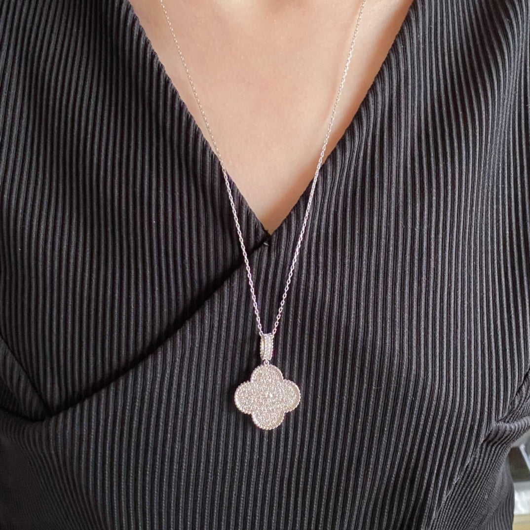 [Eternal Jewelry]CLOVER 25MM LARGE PEDANT DIAMOND PAVED LONG NECKLACE