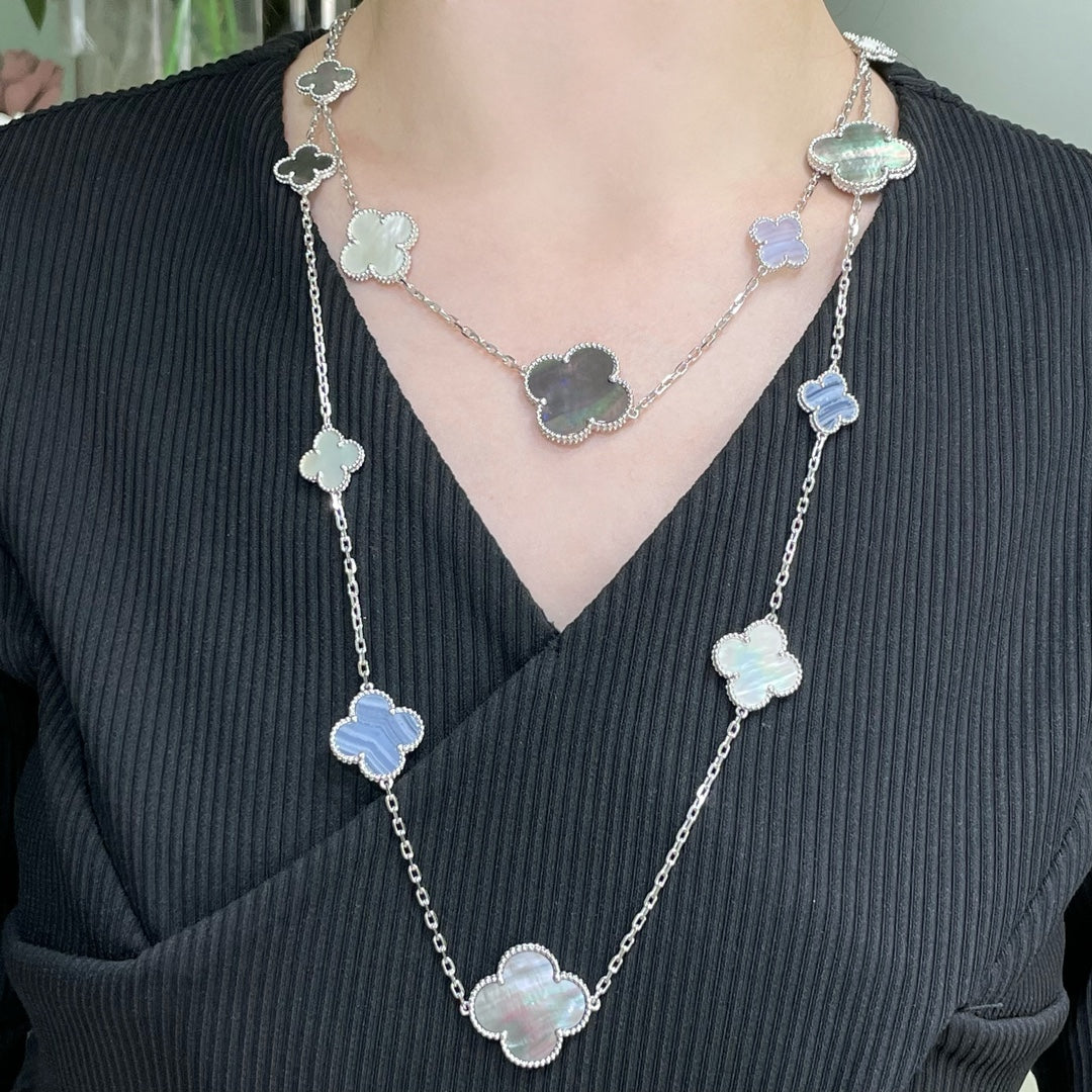 [Eternal Jewelry]CLOVER 16 MOTIF CHALCEDONY MOP SILVER NECKLACE