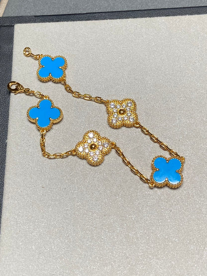[Eternal Jewelry]CLOVER 5 MOTIF BLUE CHALCEDONY DIAMOND GOLD BRACELET