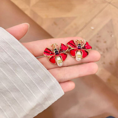 [Eternal jewelry] Ladybug Enamel & Faux Pearl Clip-On Earrings