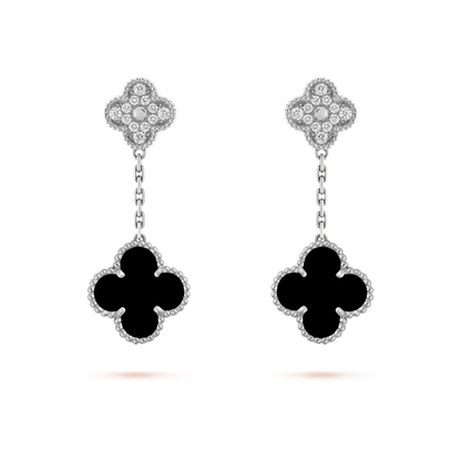 [Eternal Jewelry]CLOVER 2 MOTIFS  DIAMOND ONYX EARRINGS SILVER