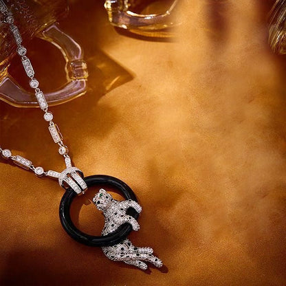 [Eternal Jewelry]NEW BLACK CIRCLE PANTHER FULL DIAMOND NECKLACE