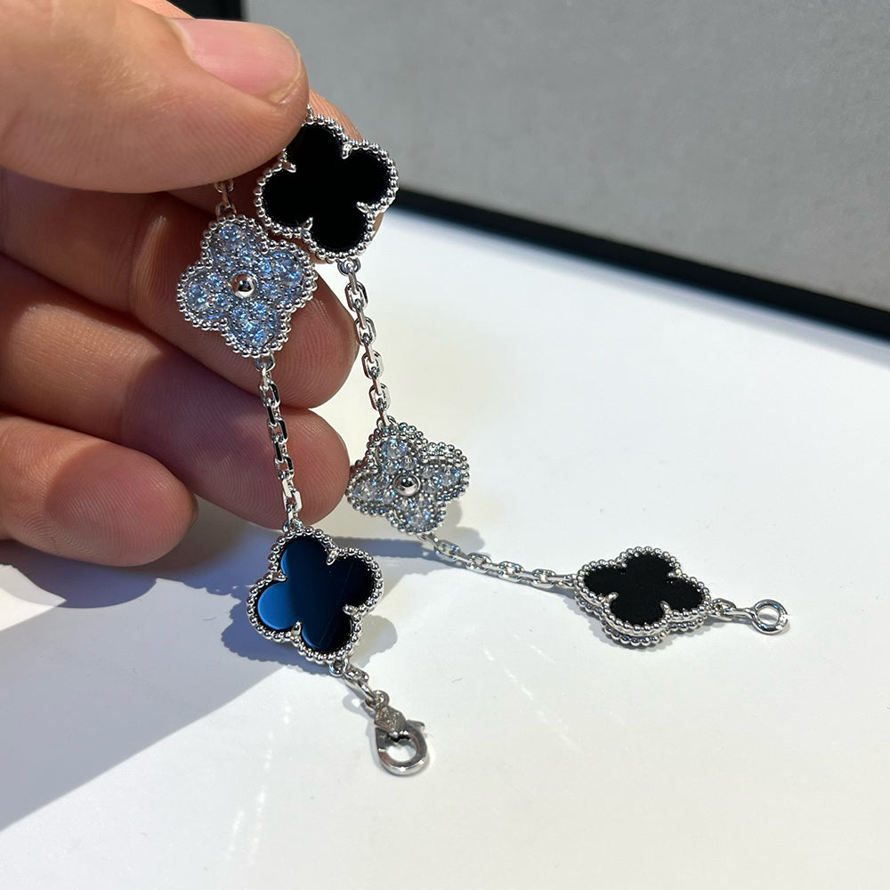 [Eternal Jewelry]CLOVER 5 MOTIF ONYXS DIAMOND BRACELET SILVER