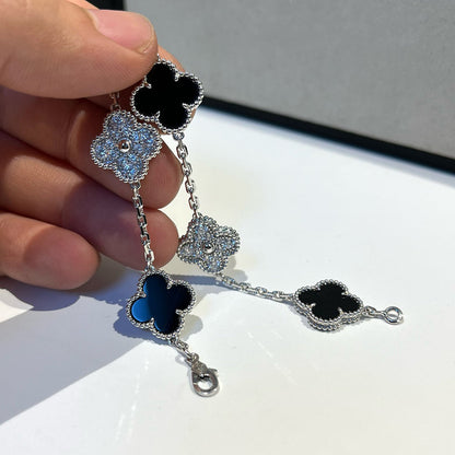 [Eternal Jewelry]CLOVER 5 MOTIF ONYXS DIAMOND BRACELET SILVER