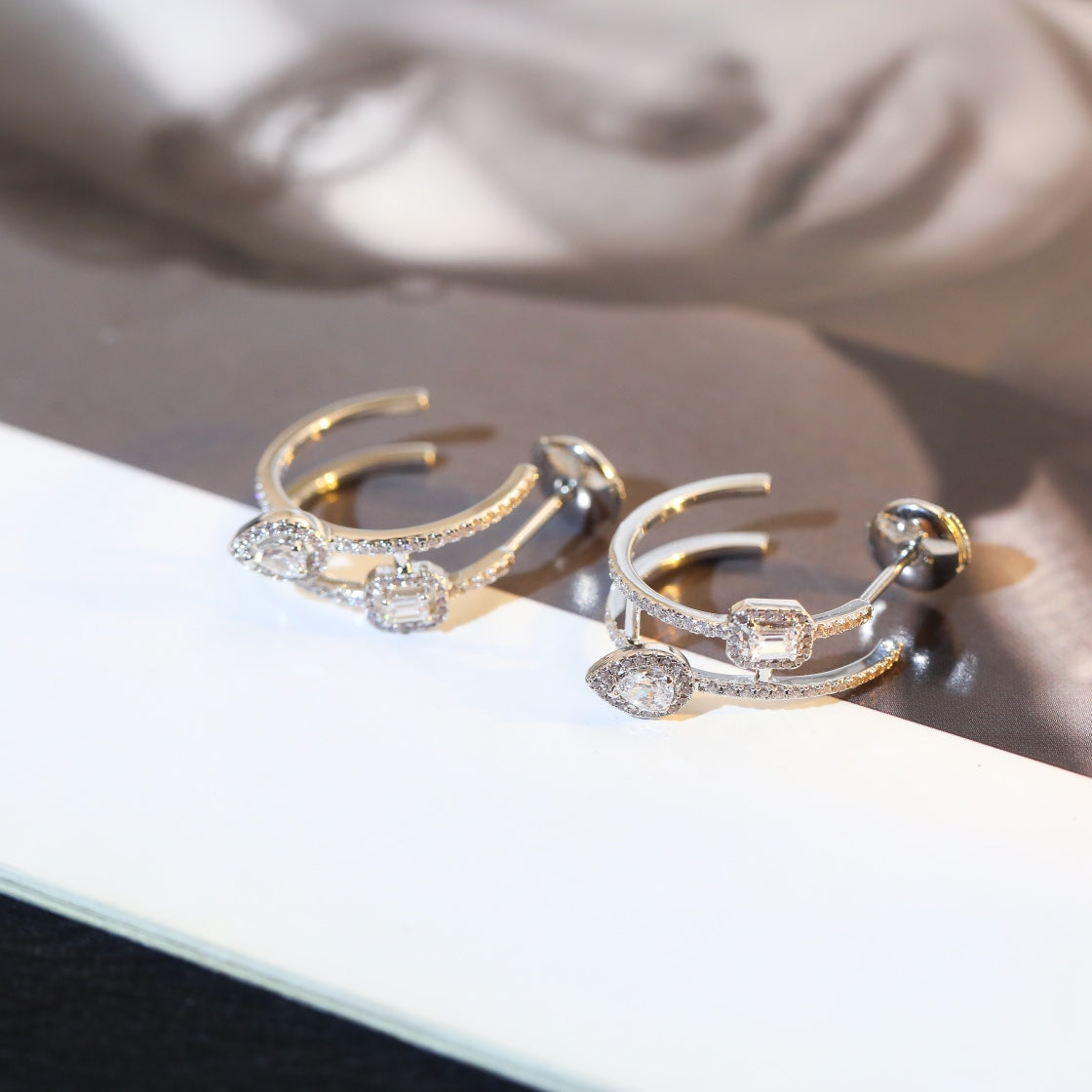 [Eternal jewelry]CREOLES MY TWIN 2 RANGS SILVER DIAMOND EARRINGS