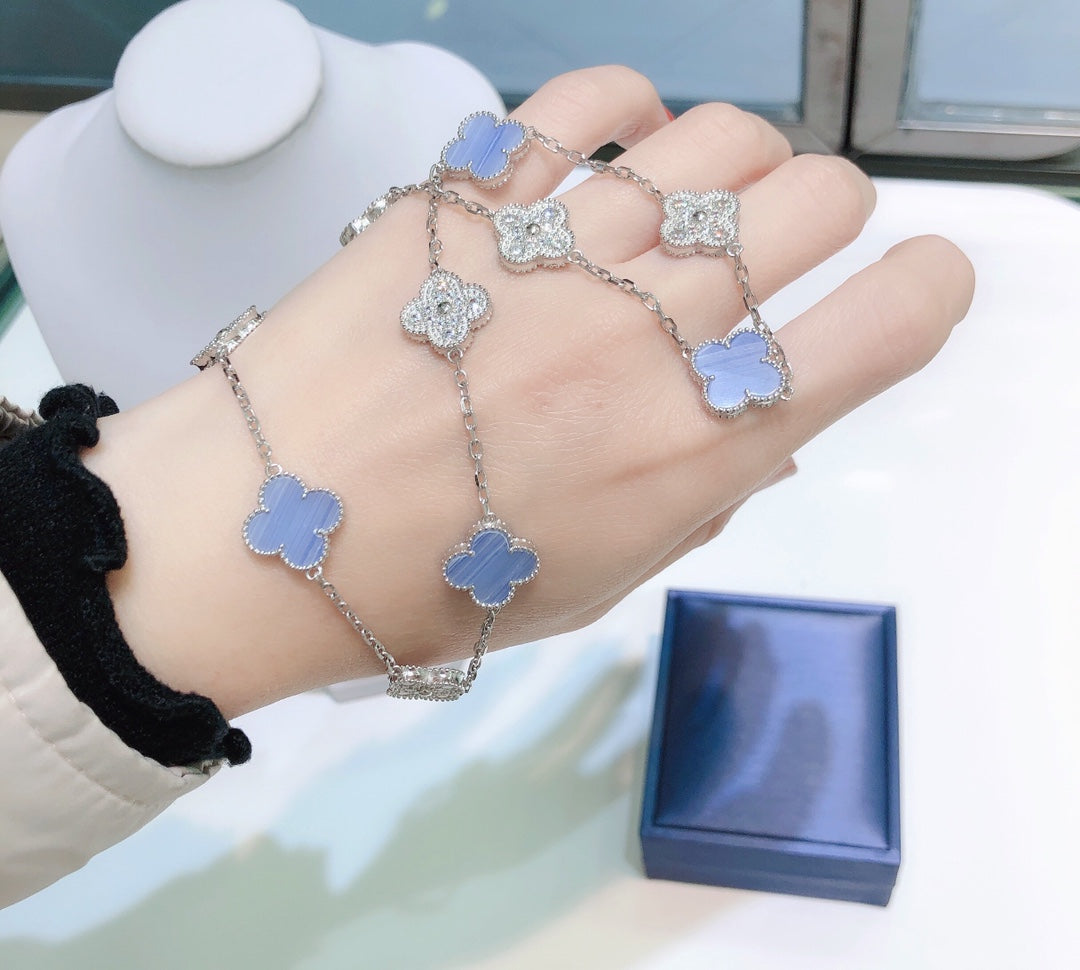 [Eternal Jewelry]CLOVER 10 MOTIFS CHALCEDONY DIAMONDS SILVER NECKLACE
