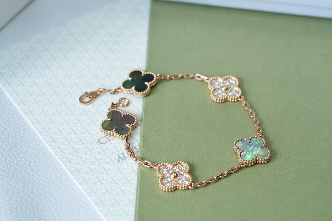 [Eternal Jewelry]CLOVER 5 MOTIFS DARK MOP AND DIAMONDS PINK GOLD BRACELET